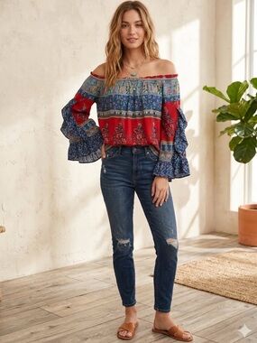 Bila Colorful Boho Red Blue Floral Bell Sleeve Blouse Top Hippie PL Petite Large